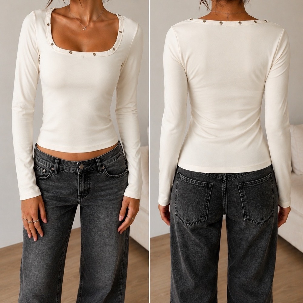 Frankee & Skylarr Womens Top XL White Square Neck Grommet Long Sleeve
